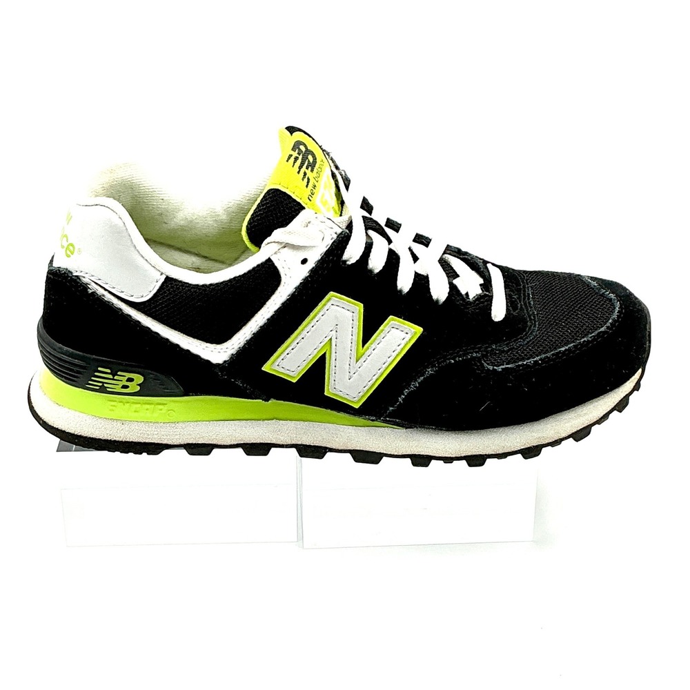 New Balance 574 Size 7.5 Sneaker Black Neon Green Suede Women MSRP $90